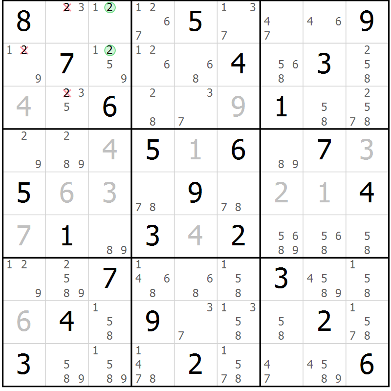 Position des candidats pour la solution de la Gr 8 page 11 du magazine de sudoku Maestro n° 086