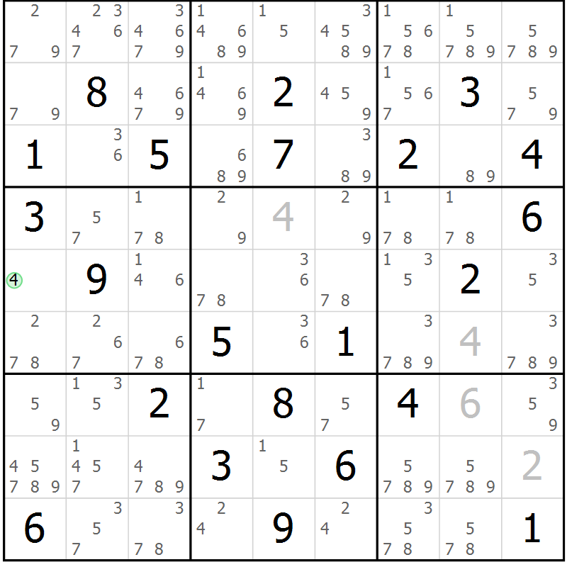Position des candidats pour la solution de la Gr 80 page 83 du magazine de sudoku Maestro n° 086