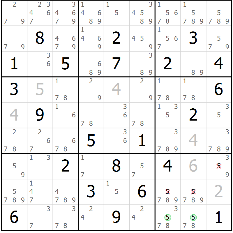 Position des candidats pour la solution de la Gr 80 page 83 du magazine de sudoku Maestro n° 086