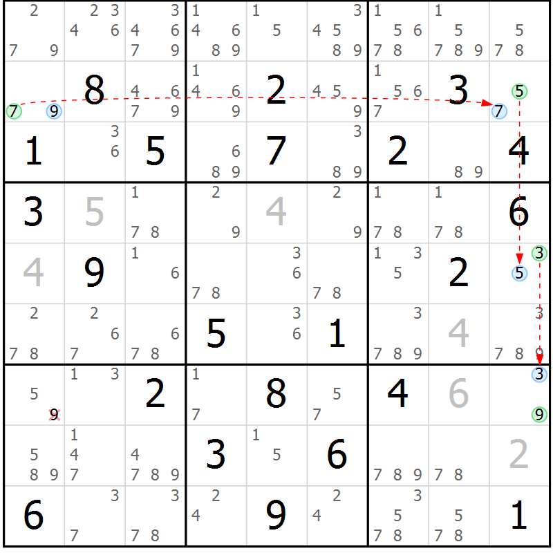 Position des candidats pour la solution de la Gr 80 page 83 du magazine de sudoku Maestro n° 086