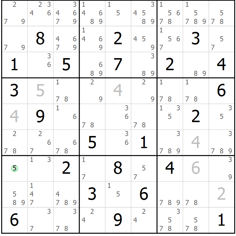 Position des candidats pour la solution de la Gr 80 page 83 du magazine de sudoku Maestro n° 086