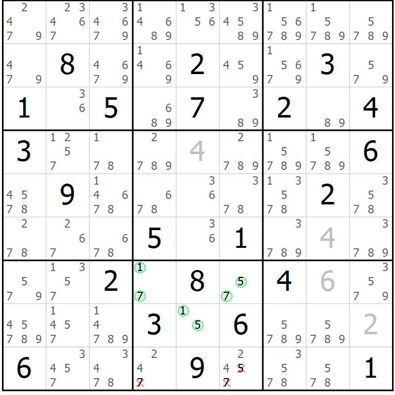 Position des candidats pour la solution de la Gr 80 page 83 du magazine de sudoku Maestro n° 086