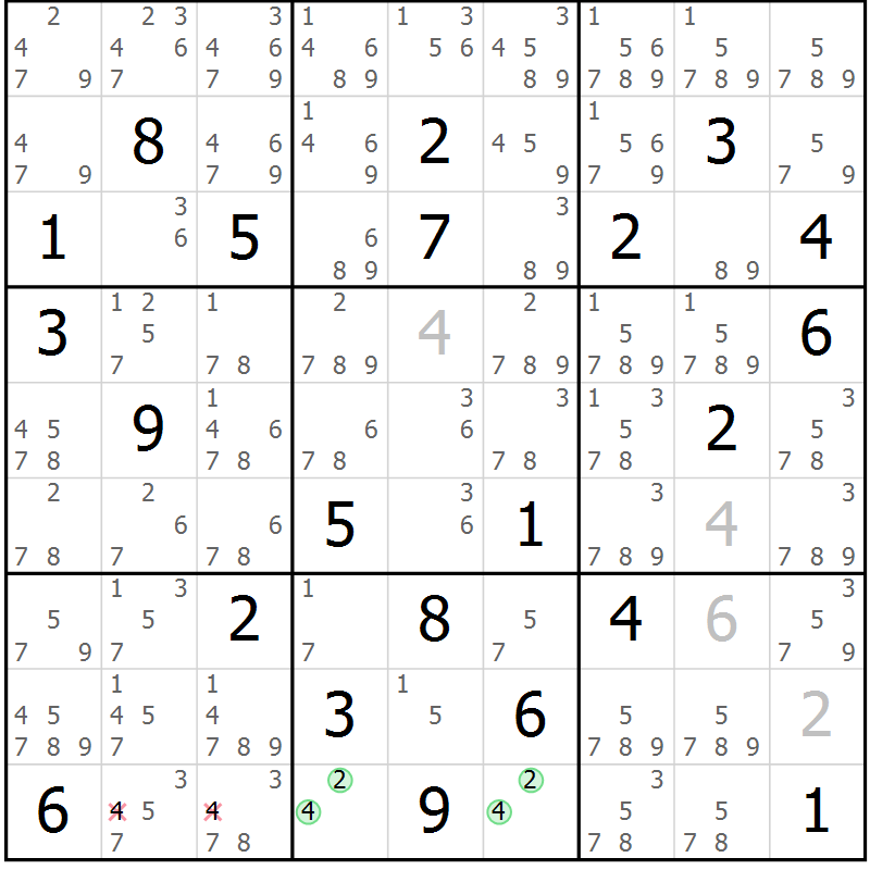 Position des candidats pour la solution de la Gr 80 page 83 du magazine de sudoku Maestro n° 086