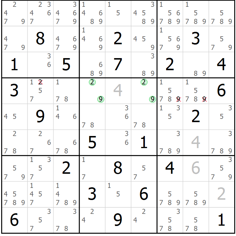 Position des candidats pour la solution de la Gr 80 page 83 du magazine de sudoku Maestro n° 086