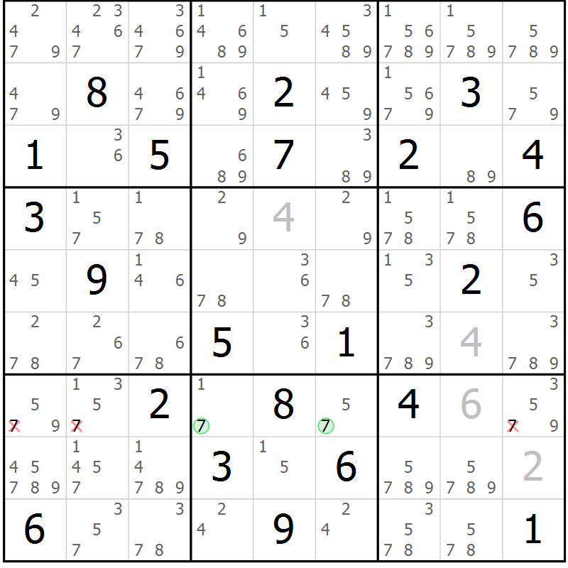 Position des candidats pour la solution de la Gr 80 page 83 du magazine de sudoku Maestro n° 086
