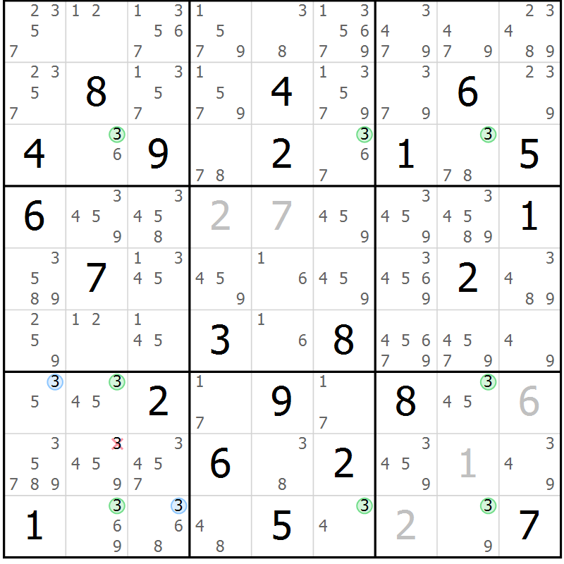 Position des candidats pour la solution de la Gr 81 page 84 du magazine de sudoku Maestro n° 086