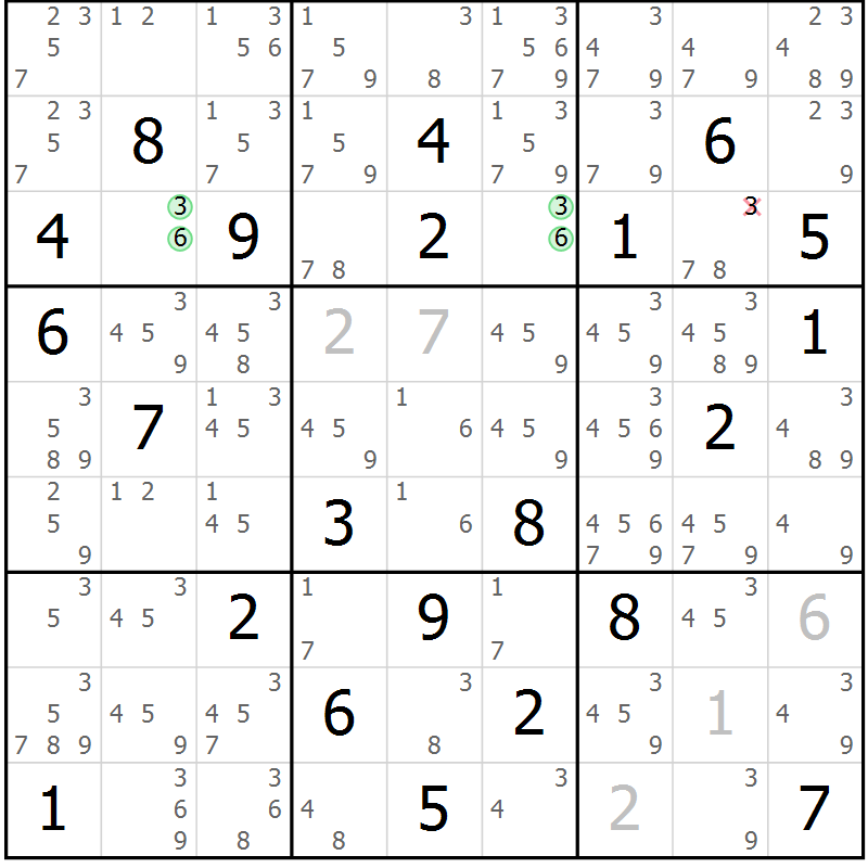 Position des candidats pour la solution de la Gr 81 page 84 du magazine de sudoku Maestro n° 086