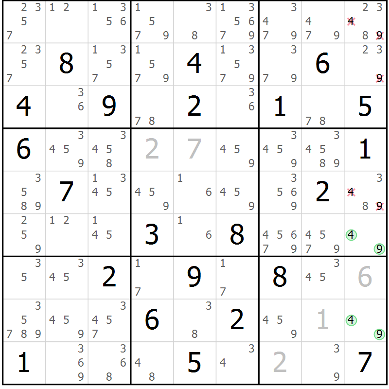 Position des candidats pour la solution de la Gr 81 page 84 du magazine de sudoku Maestro n° 086
