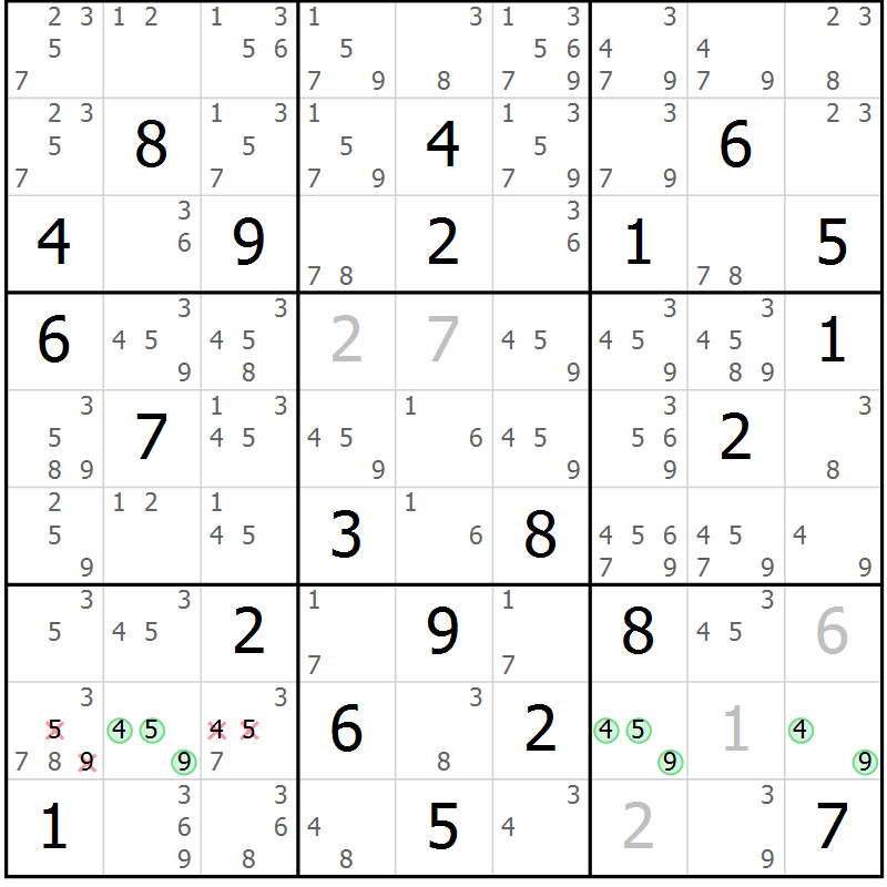 Position des candidats pour la solution de la Gr 81 page 84 du magazine de sudoku Maestro n° 086