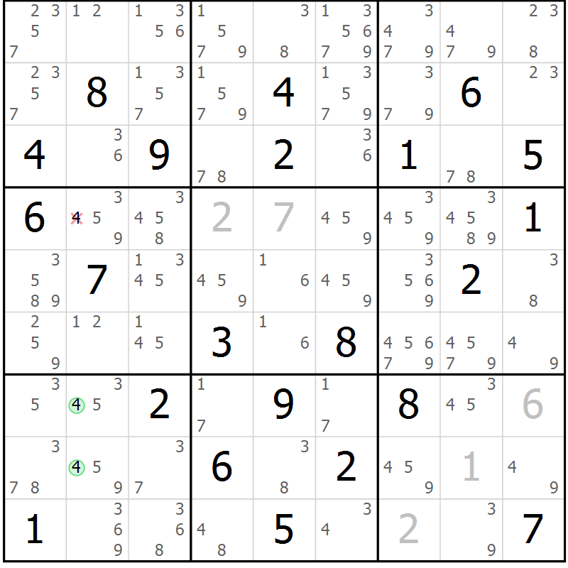 Position des candidats pour la solution de la Gr 81 page 84 du magazine de sudoku Maestro n° 086