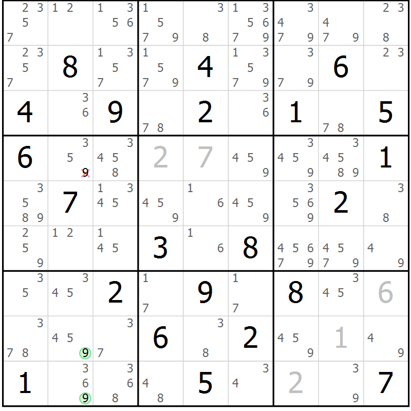 Position des candidats pour la solution de la Gr 81 page 84 du magazine de sudoku Maestro n° 086