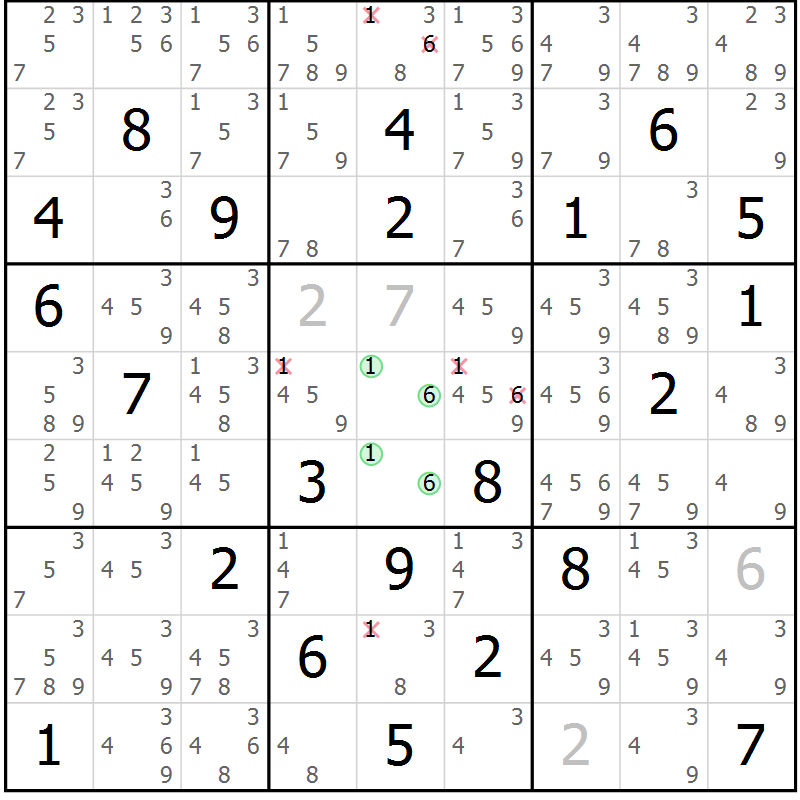 Position des candidats pour la solution de la Gr 81 page 84 du magazine de sudoku Maestro n° 086
