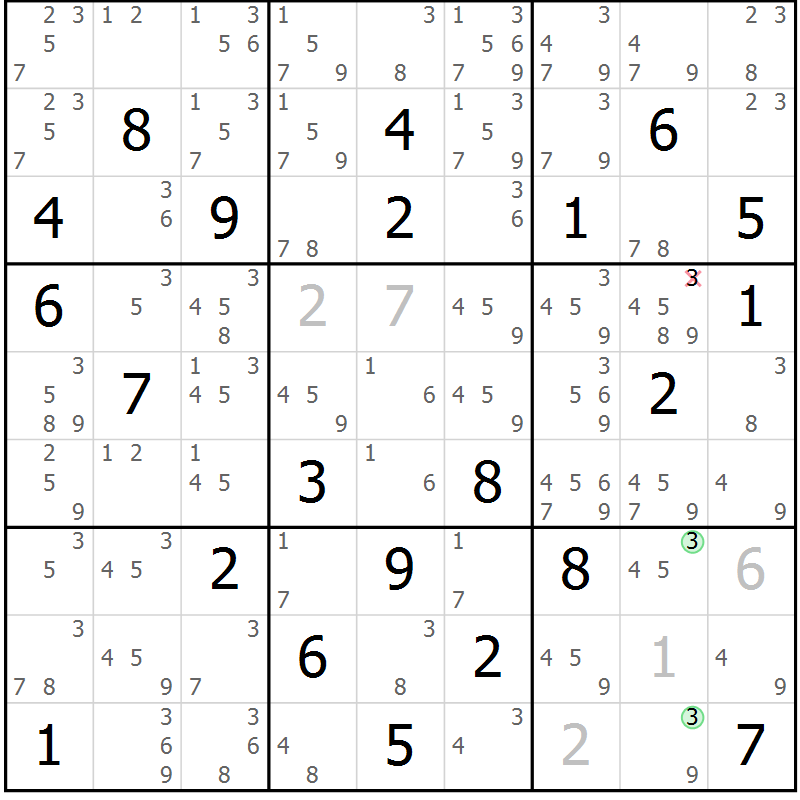 Position des candidats pour la solution de la Gr 81 page 84 du magazine de sudoku Maestro n° 086