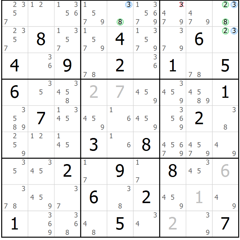 Position des candidats pour la solution de la Gr 81 page 84 du magazine de sudoku Maestro n° 086
