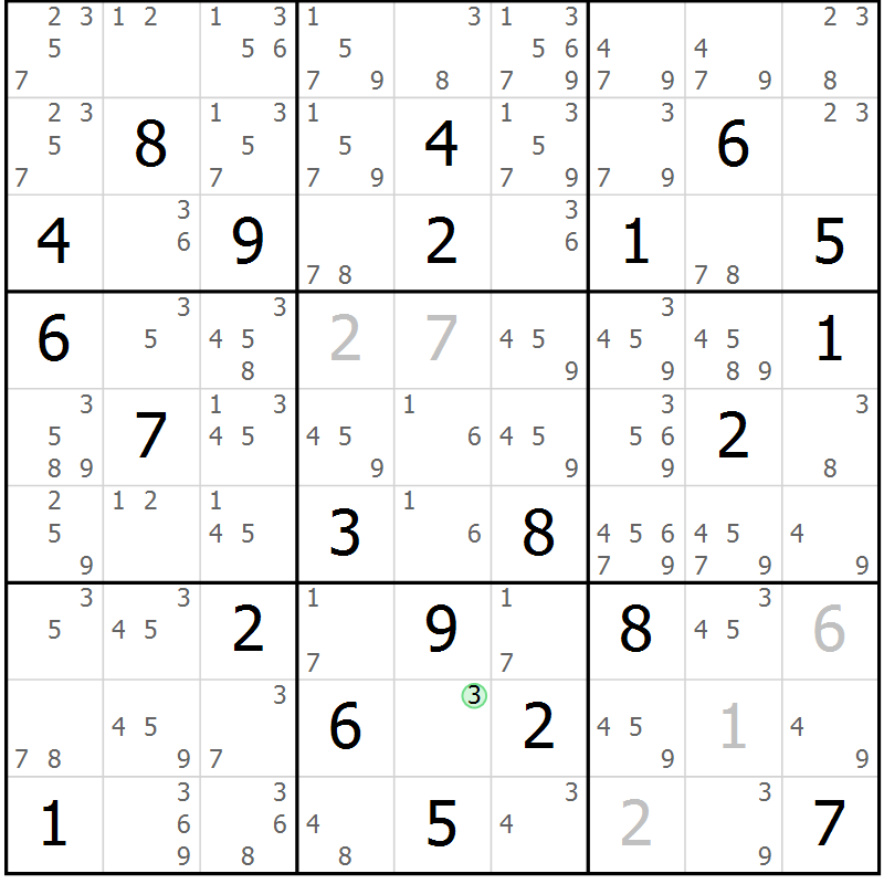 Position des candidats pour la solution de la Gr 81 page 84 du magazine de sudoku Maestro n° 086