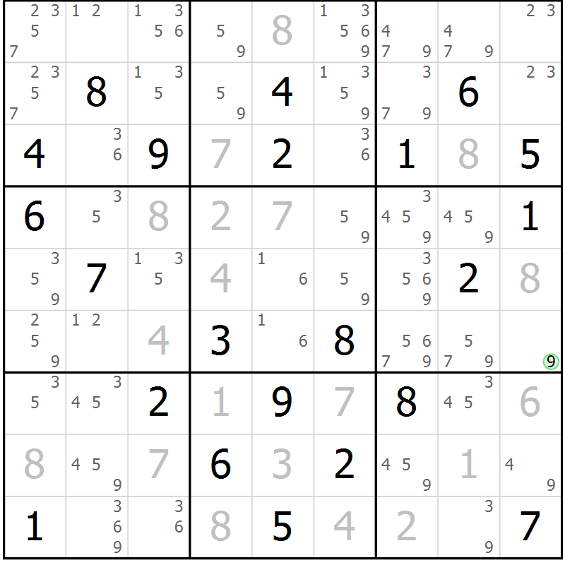 Position des candidats pour la solution de la Gr 81 page 84 du magazine de sudoku Maestro n° 086