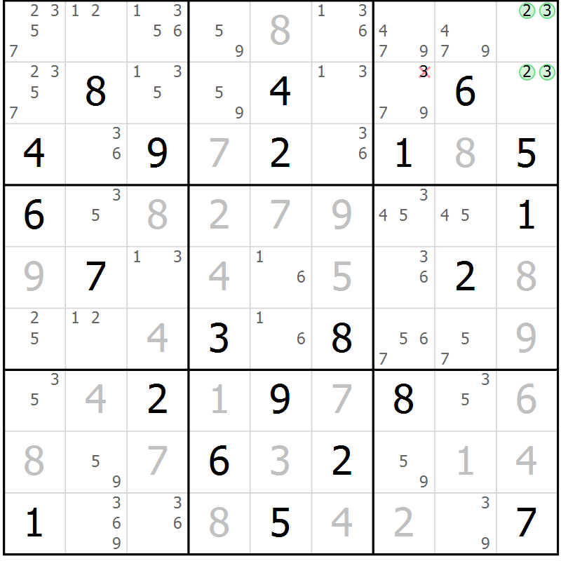 Position des candidats pour la solution de la Gr 81 page 84 du magazine de sudoku Maestro n° 086