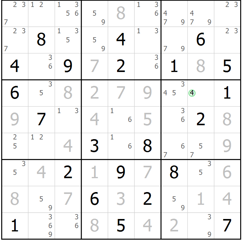 Position des candidats pour la solution de la Gr 81 page 84 du magazine de sudoku Maestro n° 086