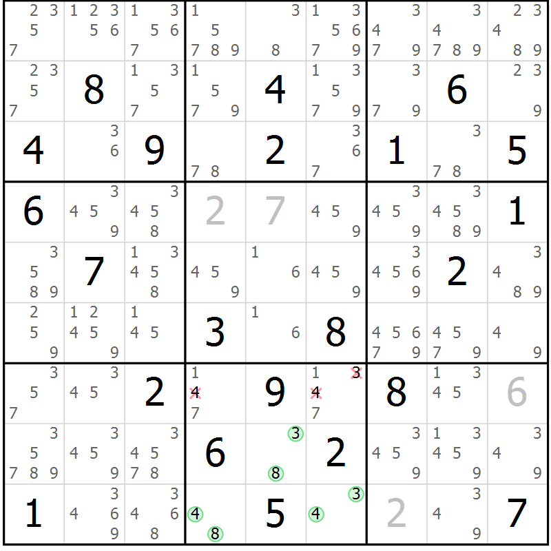 Position des candidats pour la solution de la Gr 81 page 84 du magazine de sudoku Maestro n° 086