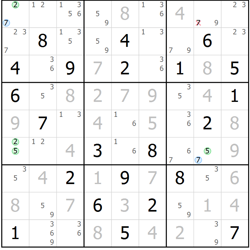 Position des candidats pour la solution de la Gr 81 page 84 du magazine de sudoku Maestro n° 086