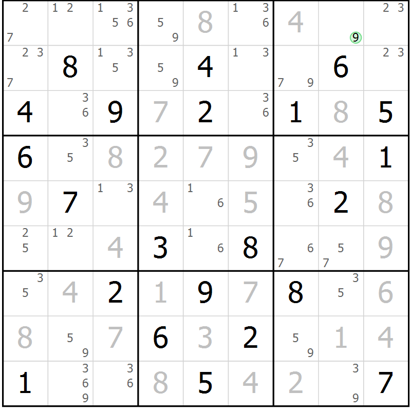 Position des candidats pour la solution de la Gr 81 page 84 du magazine de sudoku Maestro n° 086