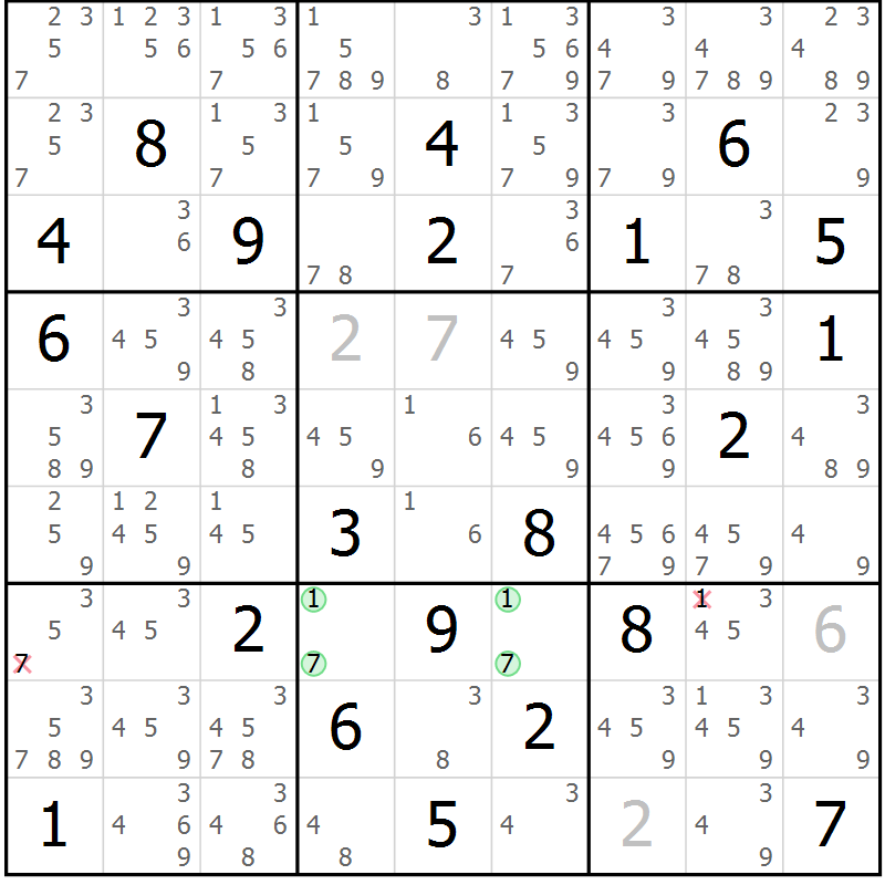 Position des candidats pour la solution de la Gr 81 page 84 du magazine de sudoku Maestro n° 086