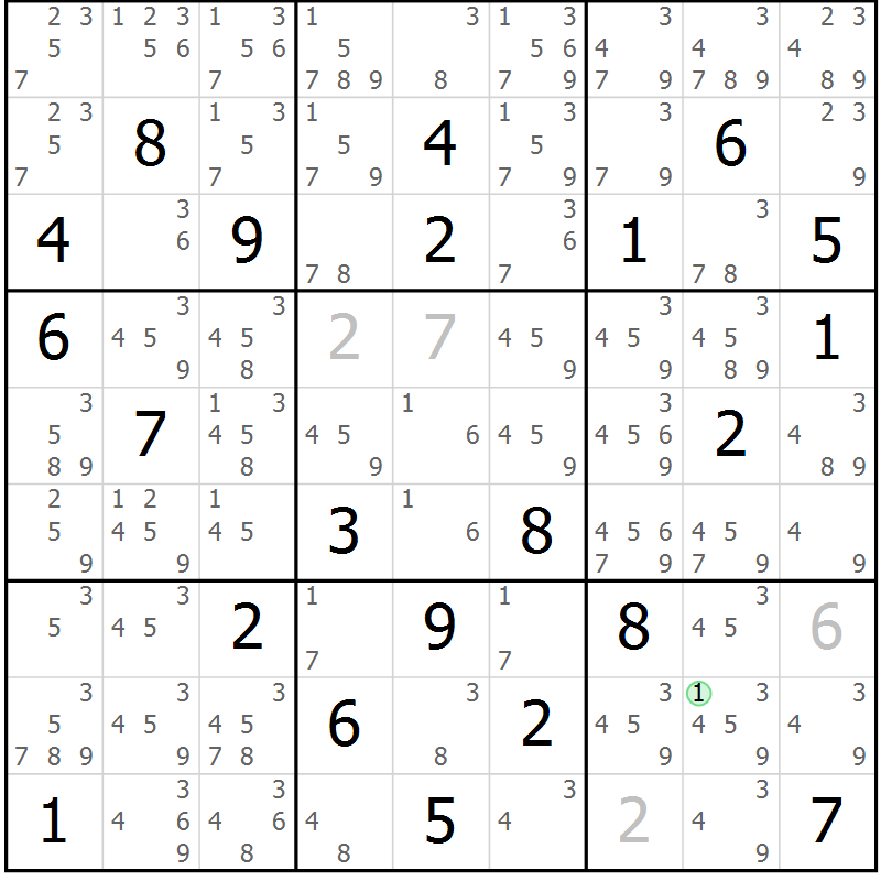 Position des candidats pour la solution de la Gr 81 page 84 du magazine de sudoku Maestro n° 086