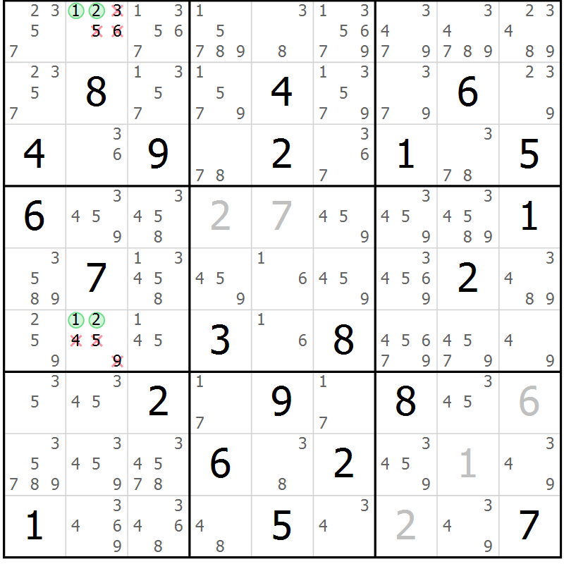 Position des candidats pour la solution de la Gr 81 page 84 du magazine de sudoku Maestro n° 086