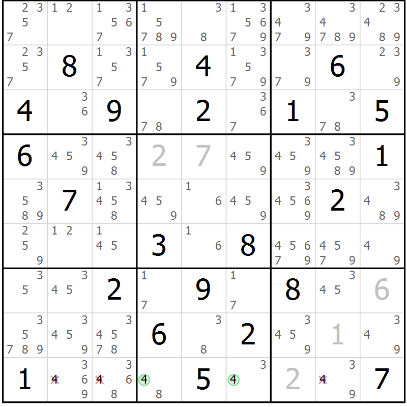 Position des candidats pour la solution de la Gr 81 page 84 du magazine de sudoku Maestro n° 086