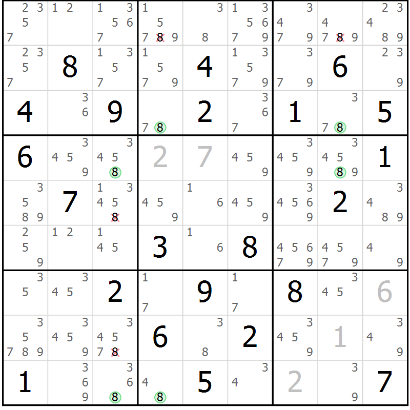 Position des candidats pour la solution de la Gr 81 page 84 du magazine de sudoku Maestro n° 086