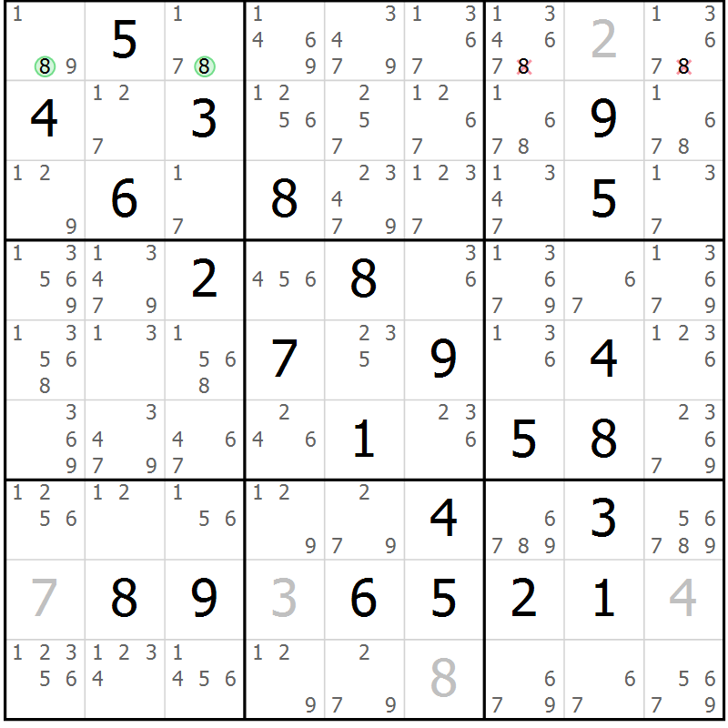 Position des candidats pour la solution de la Gr 82 page 85 du magazine de sudoku Maestro n° 086