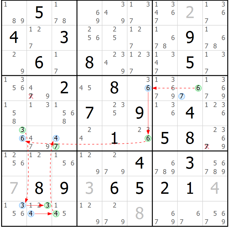 Position des candidats pour la solution de la Gr 82 page 85 du magazine de sudoku Maestro n° 086