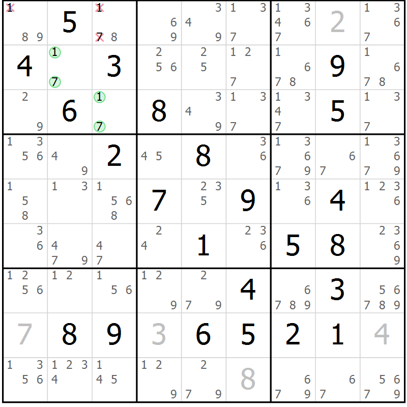 Position des candidats pour la solution de la Gr 82 page 85 du magazine de sudoku Maestro n° 086