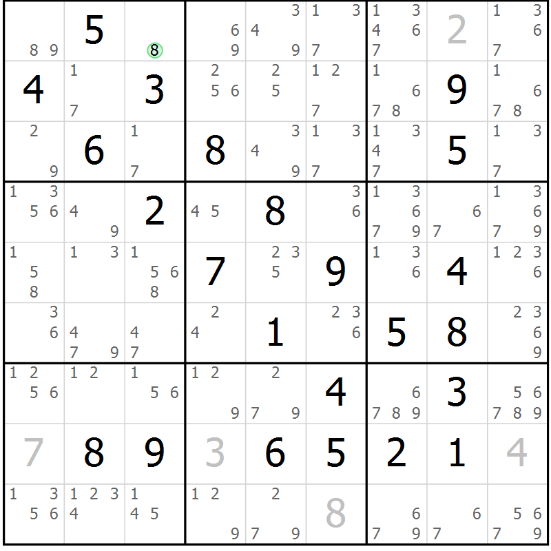 Position des candidats pour la solution de la Gr 82 page 85 du magazine de sudoku Maestro n° 086