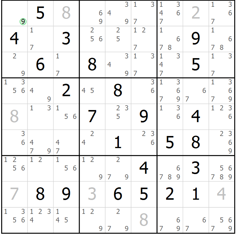 Position des candidats pour la solution de la Gr 82 page 85 du magazine de sudoku Maestro n° 086