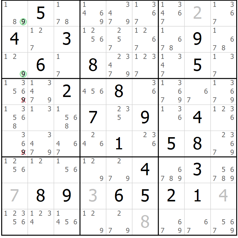 Position des candidats pour la solution de la Gr 82 page 85 du magazine de sudoku Maestro n° 086