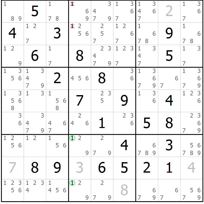 Position des candidats pour la solution de la Gr 82 page 85 du magazine de sudoku Maestro n° 086
