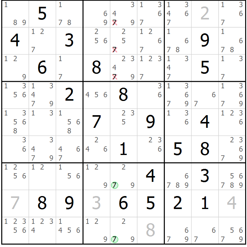 Position des candidats pour la solution de la Gr 82 page 85 du magazine de sudoku Maestro n° 086