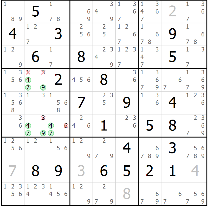Position des candidats pour la solution de la Gr 82 page 85 du magazine de sudoku Maestro n° 086