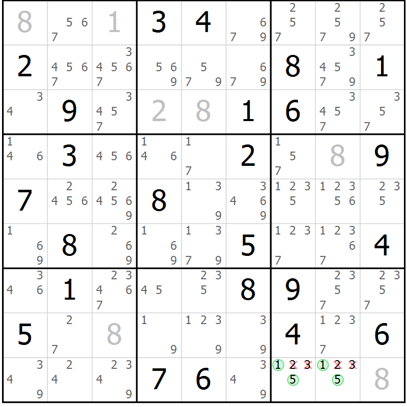 Position des candidats pour la solution de la Gr 83 page 86 du magazine de sudoku Maestro n° 086