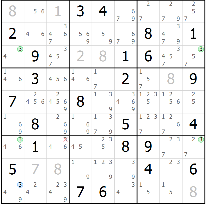 Position des candidats pour la solution de la Gr 83 page 86 du magazine de sudoku Maestro n° 086
