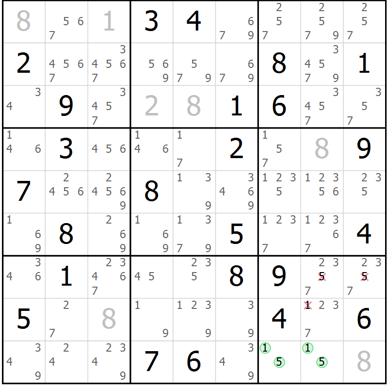 Position des candidats pour la solution de la Gr 83 page 86 du magazine de sudoku Maestro n° 086