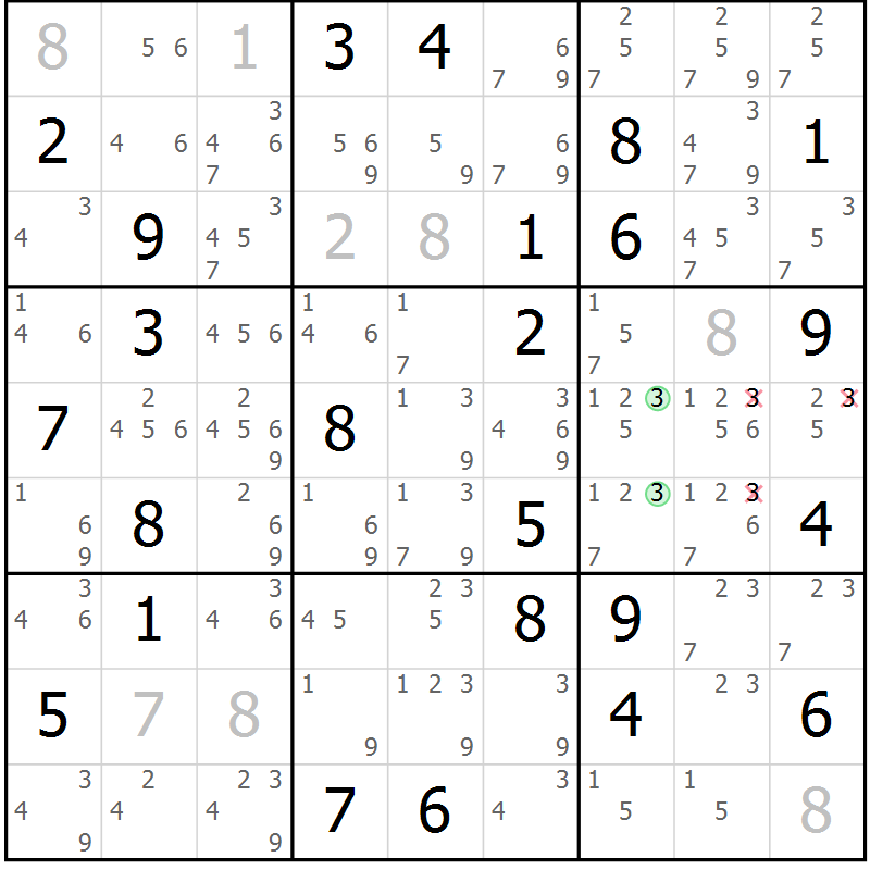 Position des candidats pour la solution de la Gr 83 page 86 du magazine de sudoku Maestro n° 086