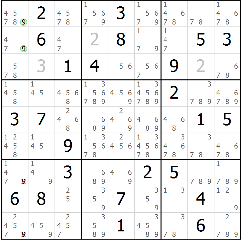 Position des candidats pour la solution de la Gr 84 page 87 du magazine de sudoku Maestro n° 086