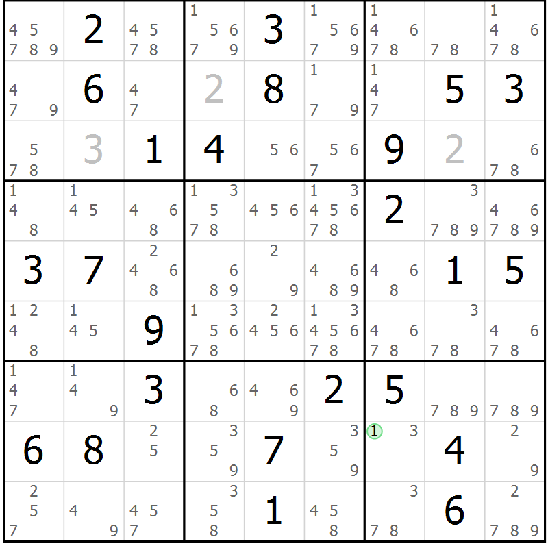 Position des candidats pour la solution de la Gr 84 page 87 du magazine de sudoku Maestro n° 086