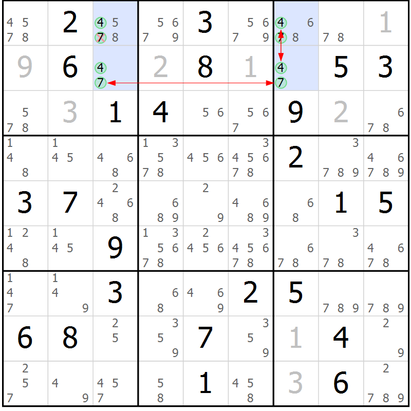 Position des candidats pour la solution de la Gr 84 page 87 du magazine de sudoku Maestro n° 086