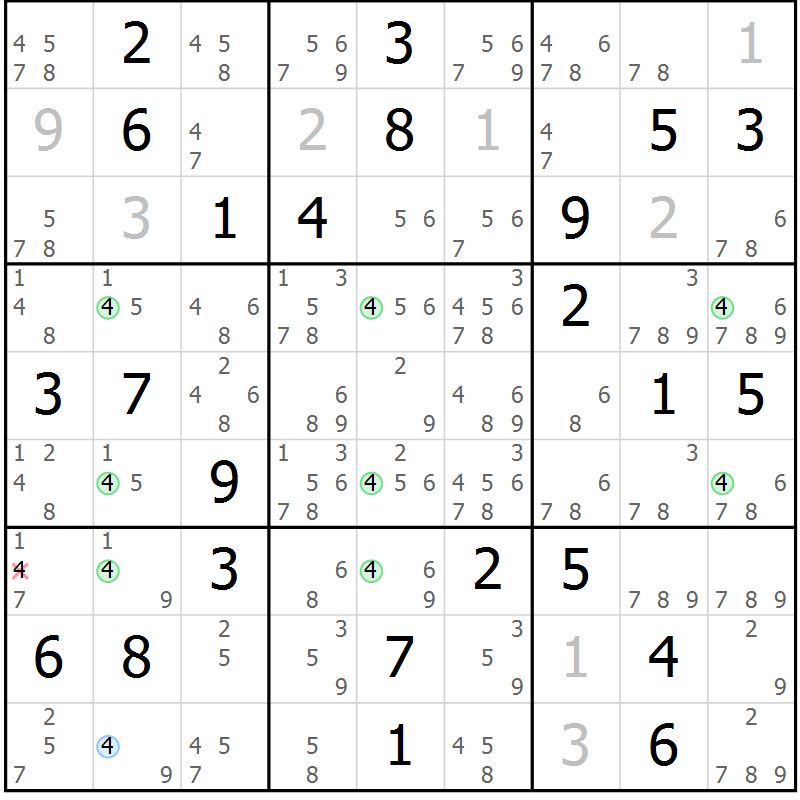 Position des candidats pour la solution de la Gr 84 page 87 du magazine de sudoku Maestro n° 086