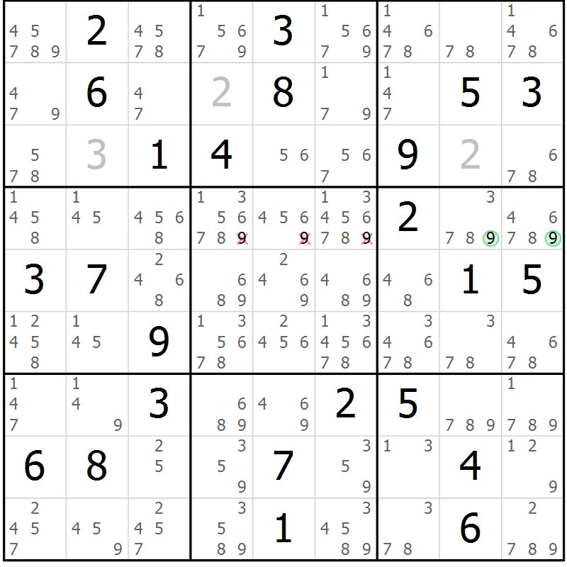 Position des candidats pour la solution de la Gr 84 page 87 du magazine de sudoku Maestro n° 086