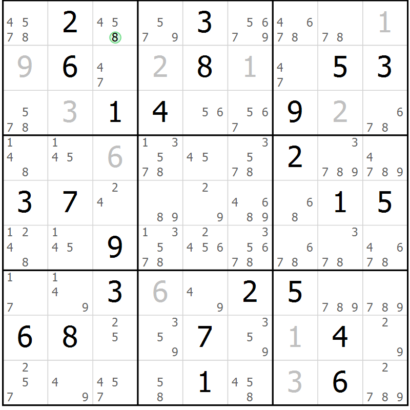 Position des candidats pour la solution de la Gr 84 page 87 du magazine de sudoku Maestro n° 086