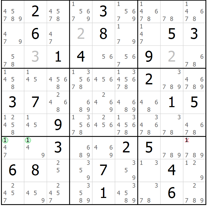 Position des candidats pour la solution de la Gr 84 page 87 du magazine de sudoku Maestro n° 086